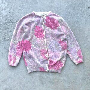 True Vintage 50s 60s Floral Cardigan Angora Rabbit Lambs Wool Women's XS-Small